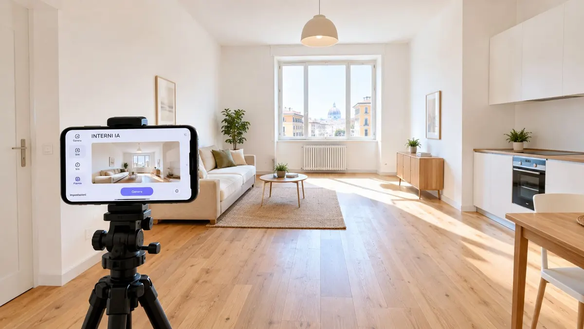 Uno smartphone su un treppiede mostra un'app di virtual staging che modifica l'arredamento di un luminoso monolocale moderno.