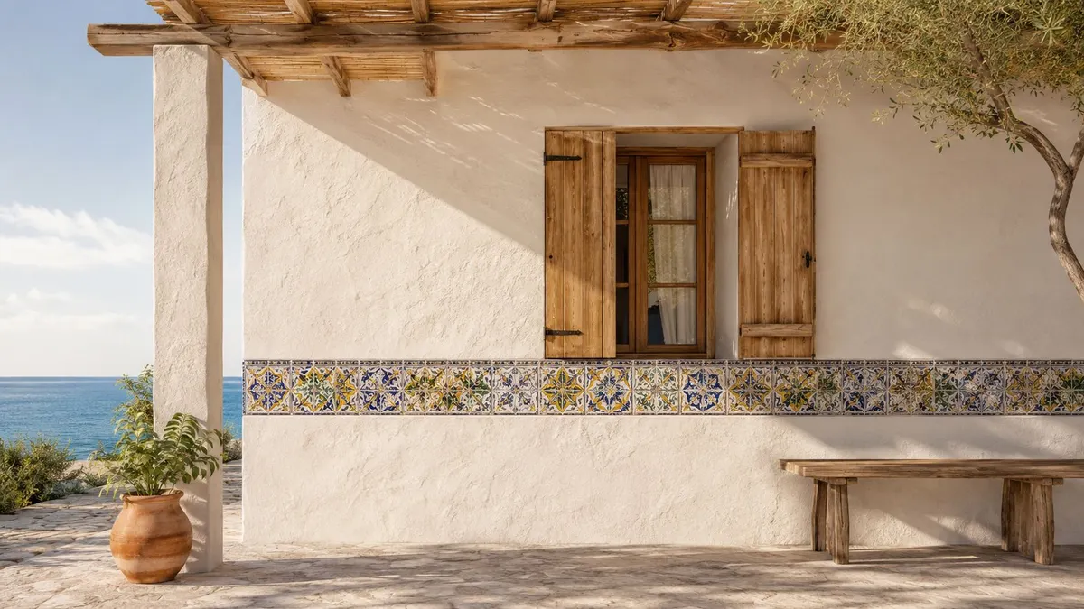 Patio mediterraneo soleggiato con parete bianca decorata, persiane in legno, vaso in terracotta e vista mare.