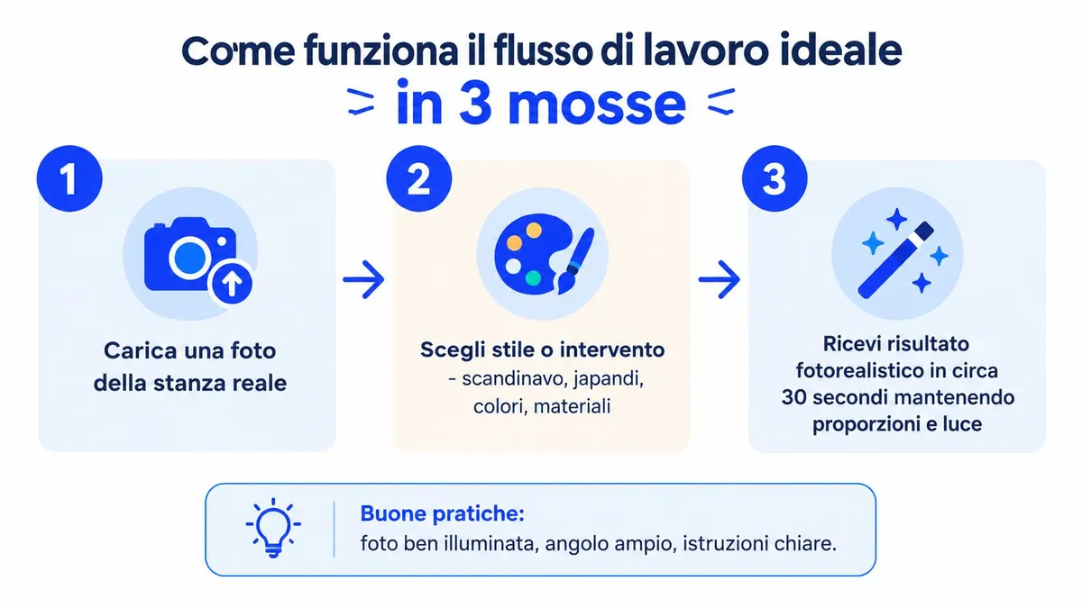 Grafica che illustra il processo in tre passi per utilizzare l'intelligenza artificiale nell'interior design di una stanza.