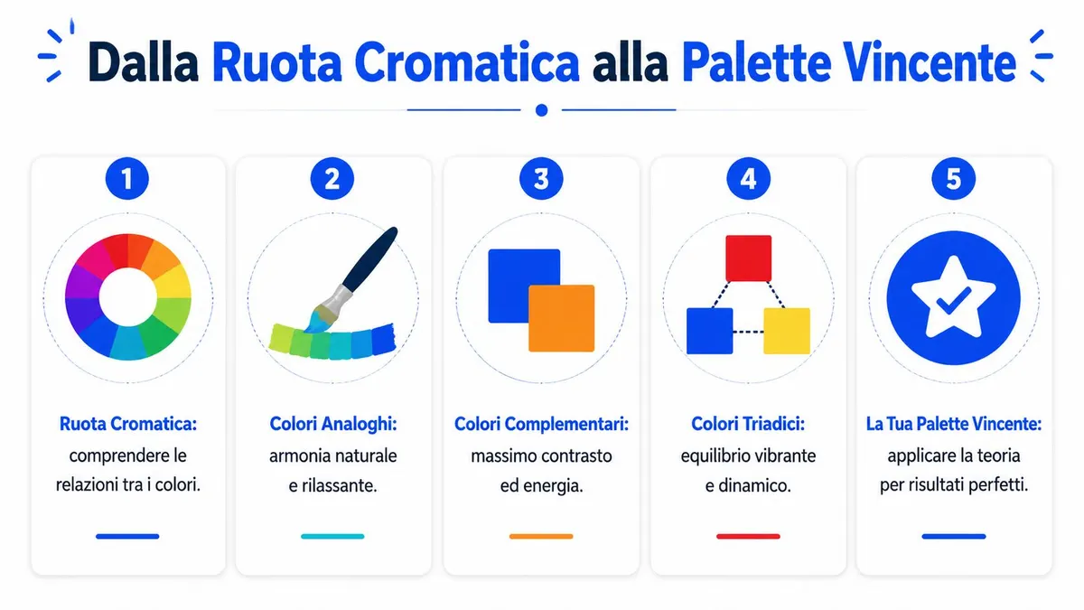 Infografica che illustra i passaggi dalla ruota cromatica alla creazione di una palette colori vincente ed equilibrata.