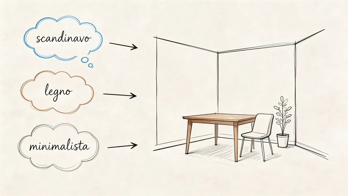 Illustrazione stilizzata che descrive lo stile di arredamento scandinavo, minimalista e in legno per interni abitativi.