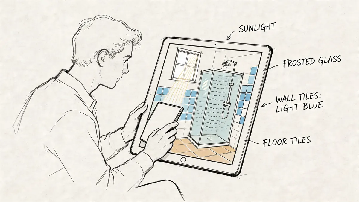 Un ragazzo utilizza un tablet per visualizzare un progetto di design d'interni per una moderna cabina doccia.