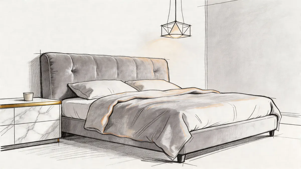 Un elegante schizzo architettonico di una camera da letto grigia con letto imbottito e tavolino in marmo.