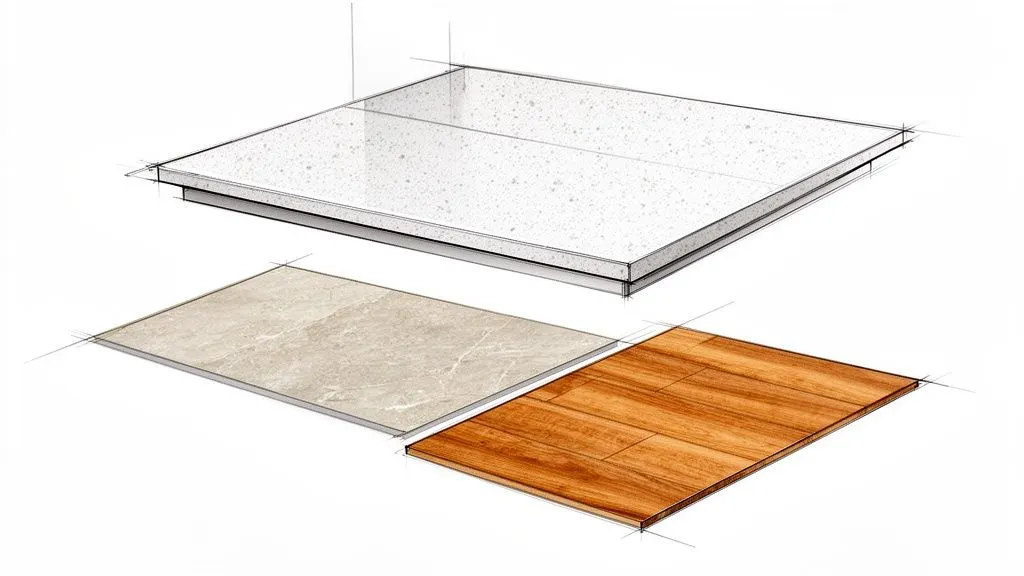 Campioni di materiali per superfici: quarzo, piastrelle effetto marmo e pavimento in legno.