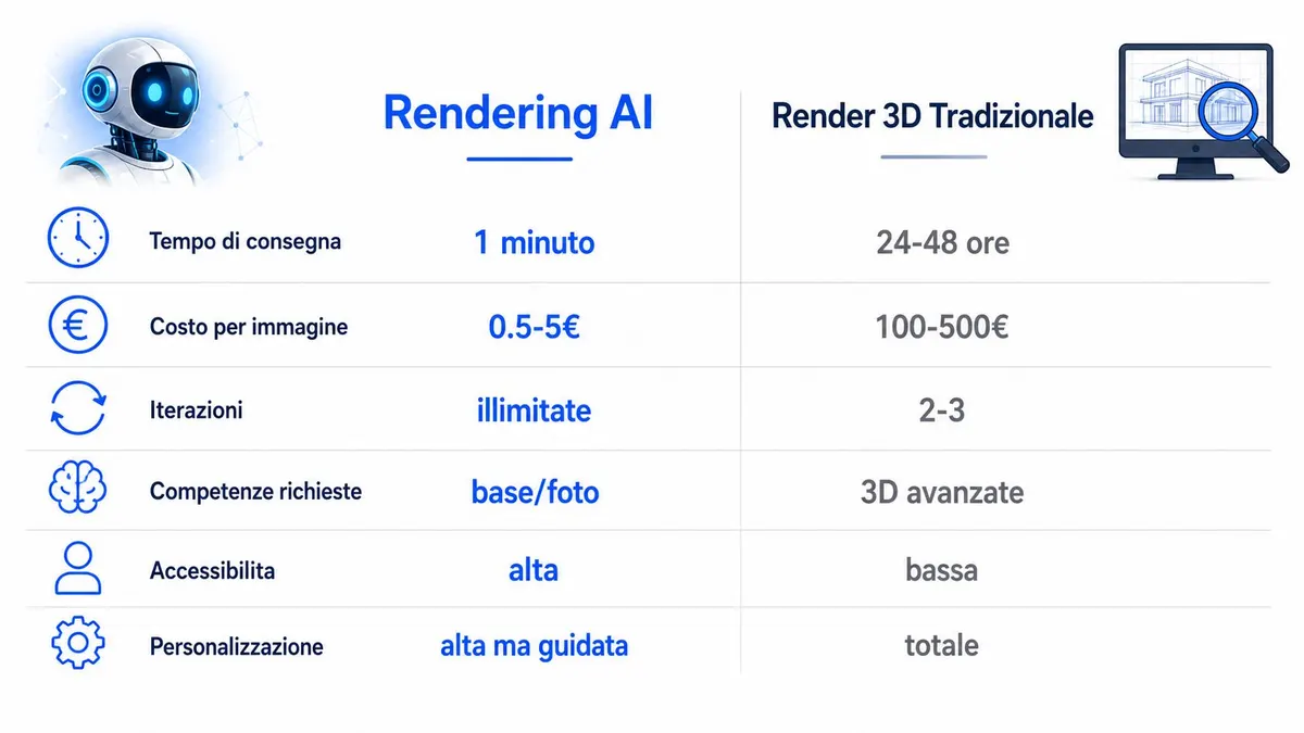 Una tabella comparativa che mette a confronto il rendering basato su intelligenza artificiale e il rendering 3D tradizionale.