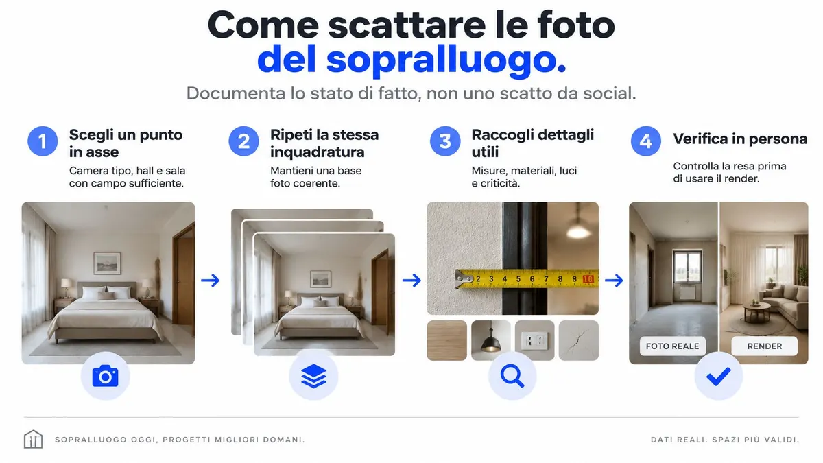 Guida passo dopo passo su come scattare fotografie professionali durante il sopralluogo per progetti di interior design.