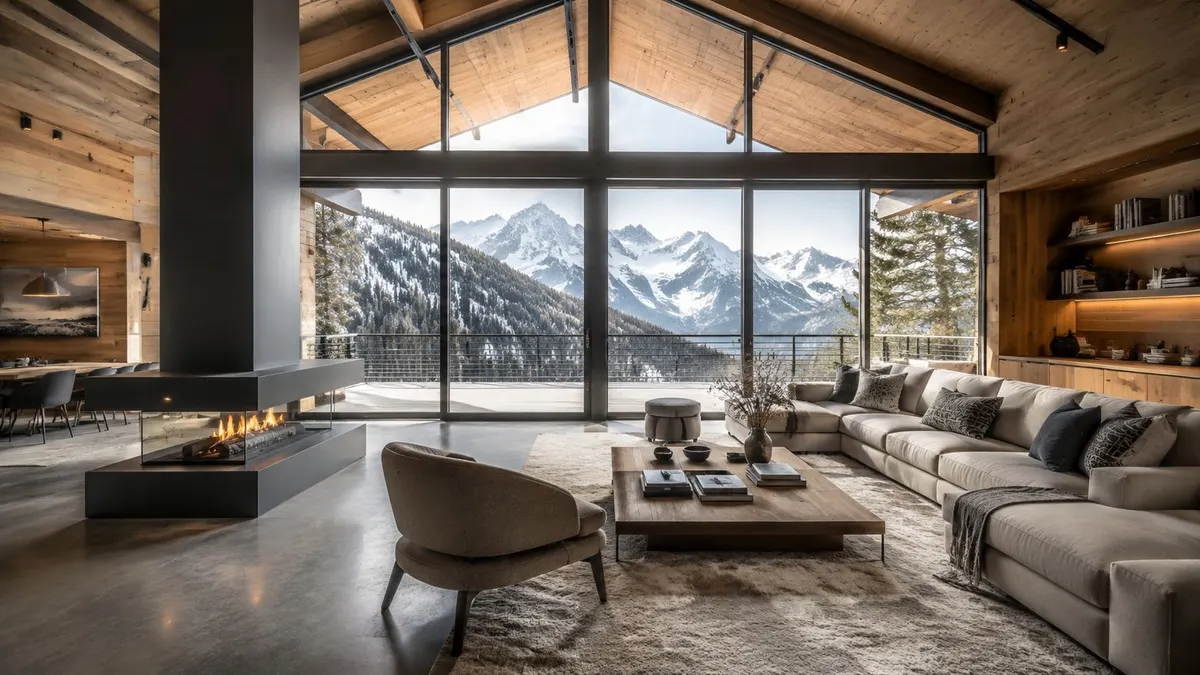 Lussuoso soggiorno moderno di uno chalet in montagna con grande camino e vista panoramica sulle cime innevate.