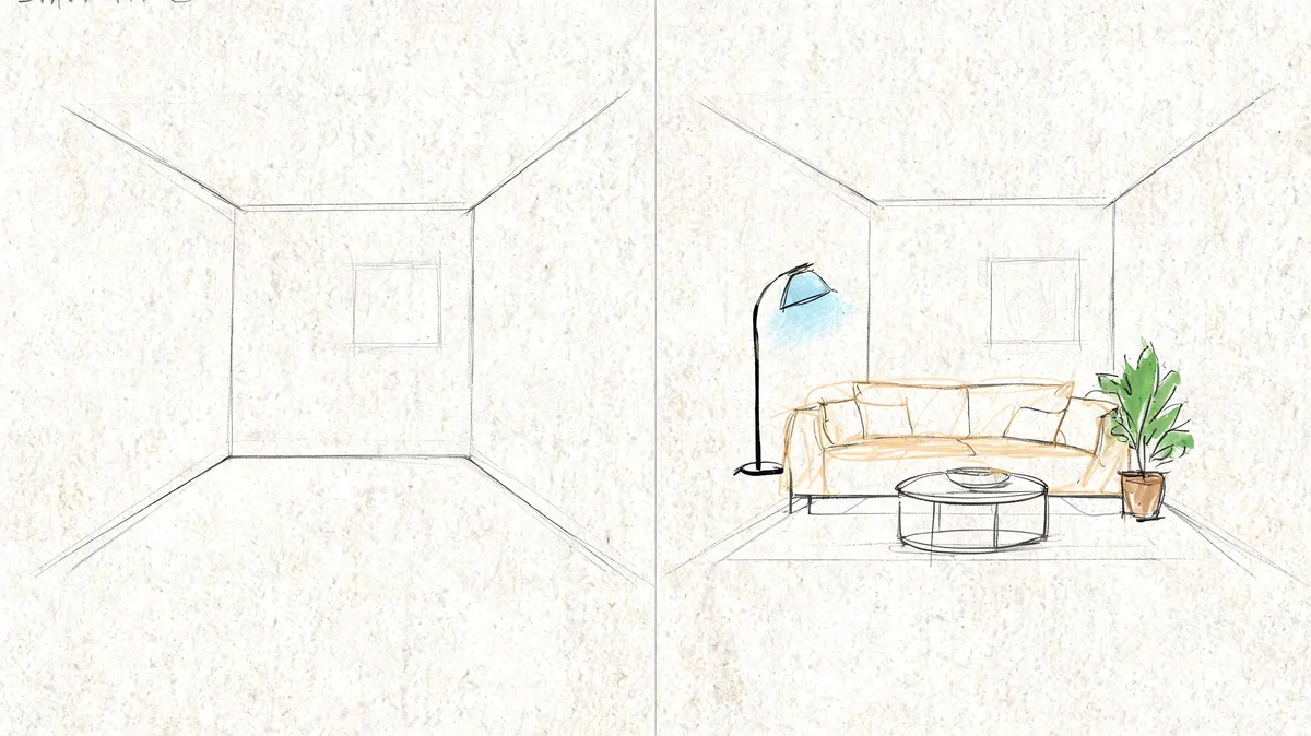 Disegno artistico che mostra il confronto tra una stanza vuota e un soggiorno arredato con stile moderno.