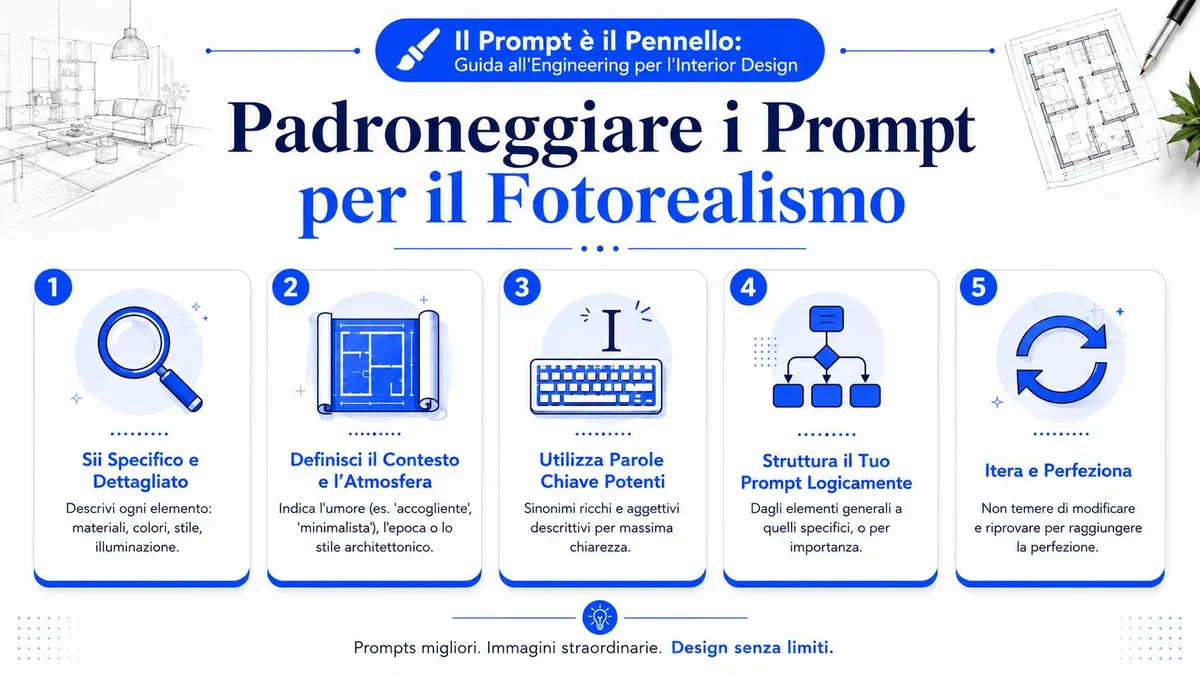 Una guida illustrata in cinque punti per creare prompt efficaci destinati al fotorealismo nel design di interni.