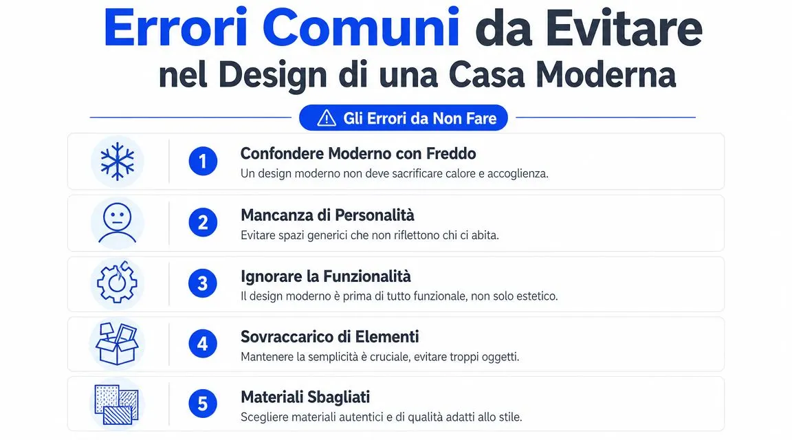 Infografica con cinque errori comuni da evitare durante la progettazione di una casa in stile moderno.