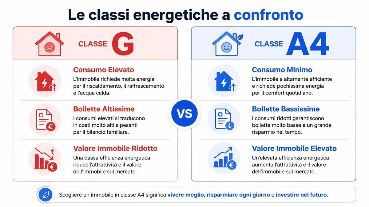 Confronto grafico tra un immobile in classe energetica G e uno in classe A4, evidenziando consumi e costi.