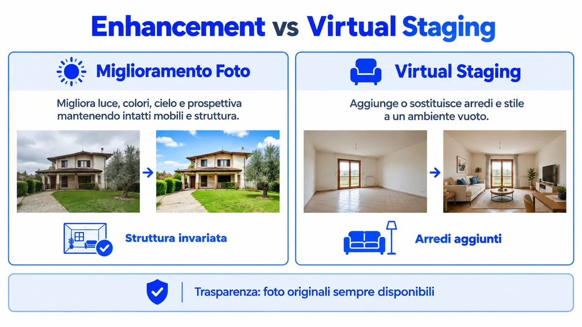 Confronto grafico tra il miglioramento delle foto immobiliari e il virtual staging per arredare ambienti vuoti.