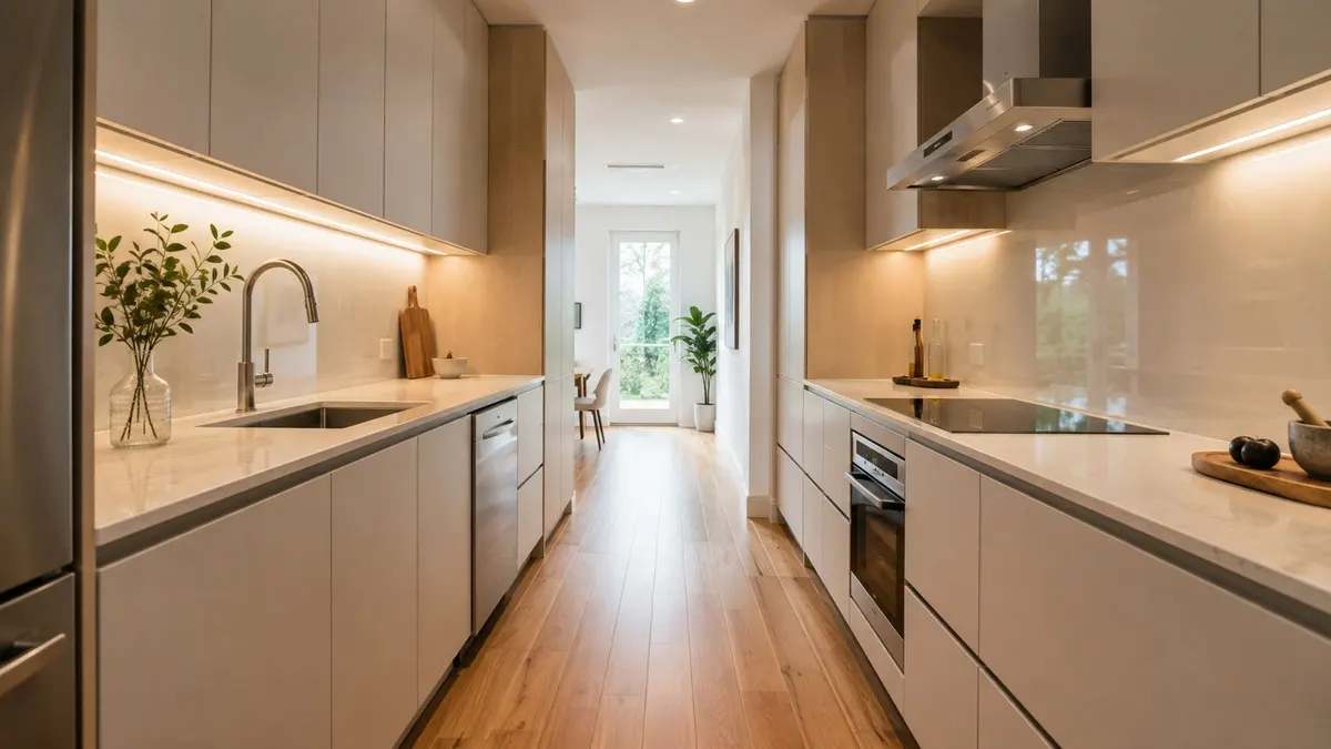 Una moderna cucina lunga e stretta con mobili chiari, elettrodomestici in acciaio e un corridoio luminoso verso l'esterno.