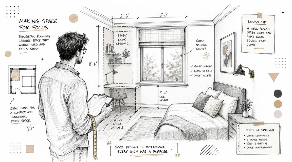 Illustrazione di una camera da letto che mostra la progettazione di un funzionale angolo studio vicino alla finestra.