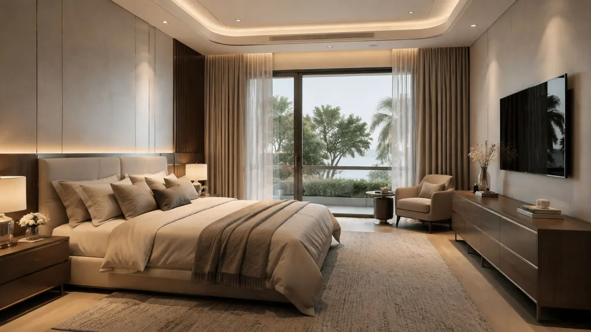 Una moderna camera da letto di lusso con un ampio letto, una vista panoramica esterna e arredamento elegante.