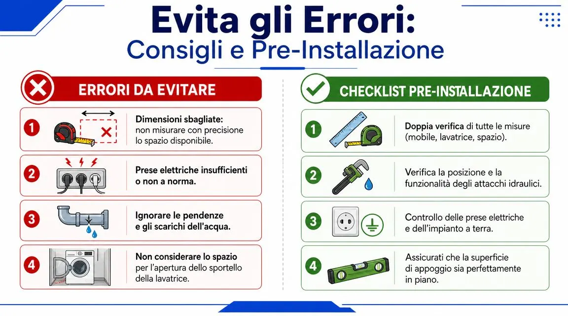 Infografica con consigli su come installare correttamente una lavatrice, evitando errori comuni durante la fase di montaggio.