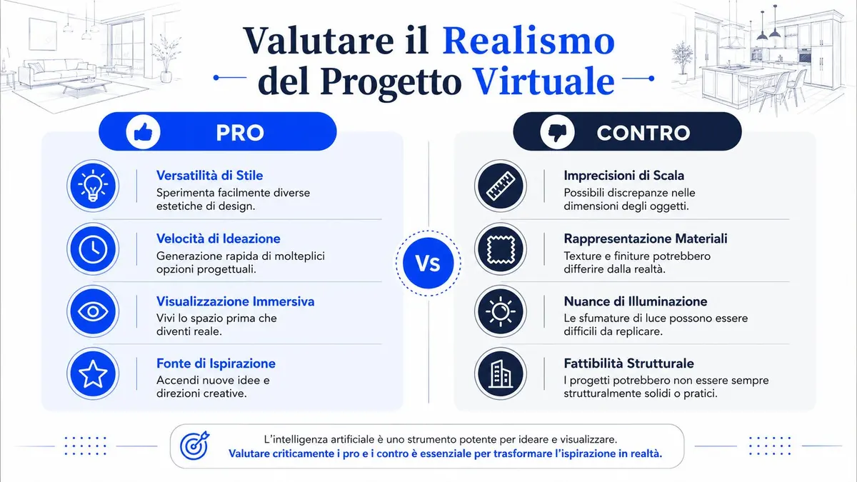 Un'infografica che elenca i pro e i contro della valutazione del realismo nei progetti di design virtuale.