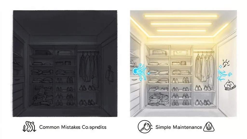 Confronto tra una cabina armadio buia e una ben illuminata e ventilata con luci LED.
