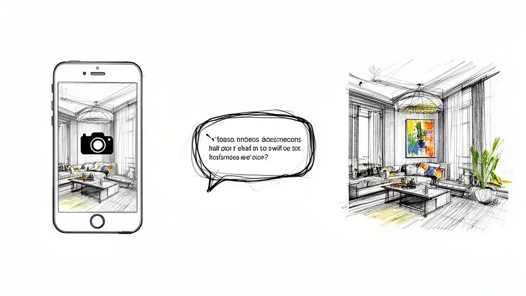Schizzo di design d'interni con telefono che mostra un'anteprima e un disegno dettagliato.