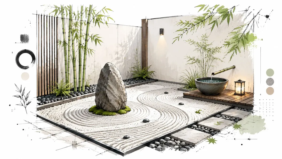 Un tranquillo giardino zen minimalista con un grande sasso centrale, rastrellature sulla sabbia bianca e bambù decorativi.