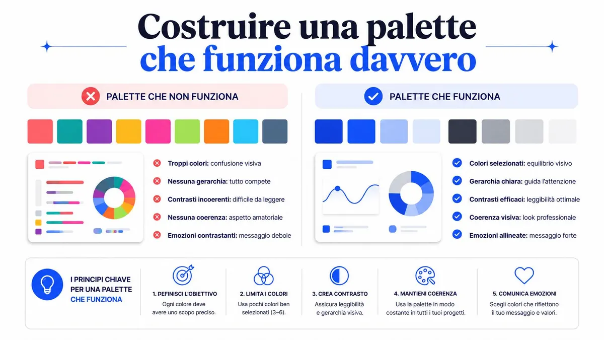 Infografica che mostra come scegliere una palette di colori efficace confrontando esempi negativi e positivi.