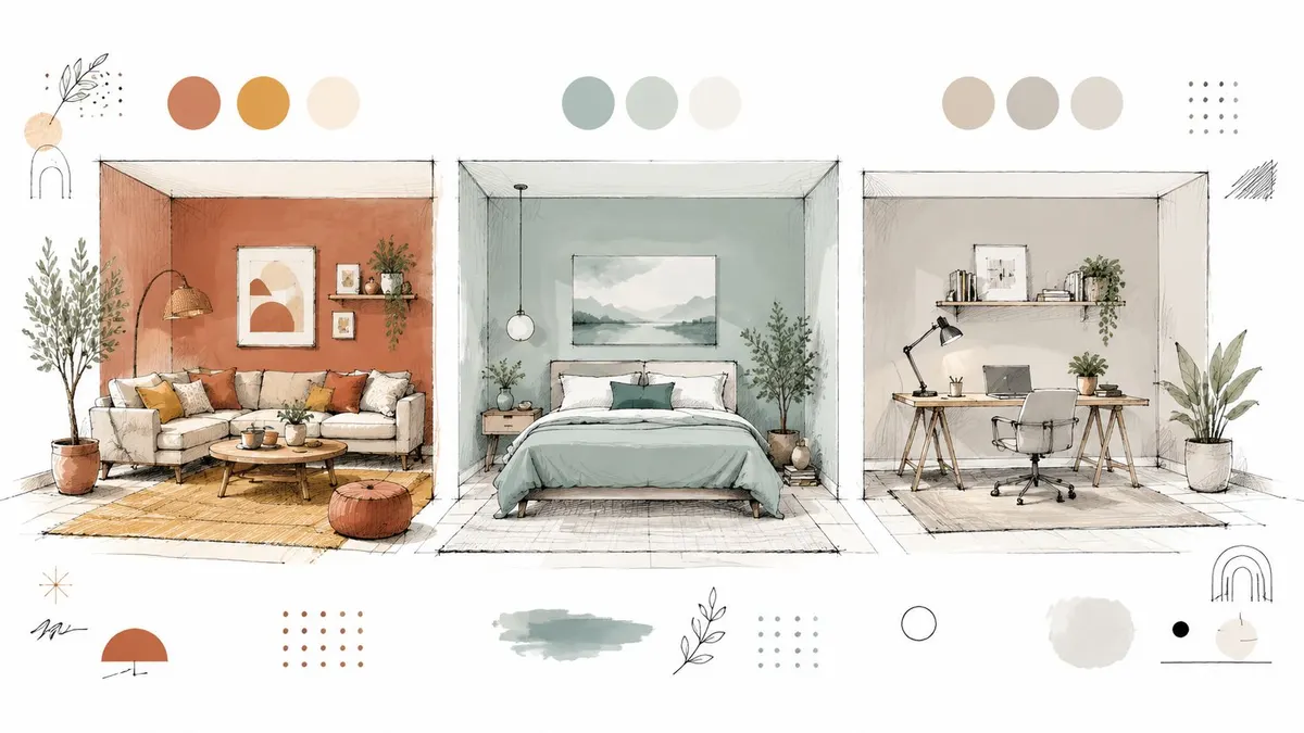 Tre diverse stanze illustrate in stile schizzo, che mostrano idee di design per soggiorno, camera e ufficio.