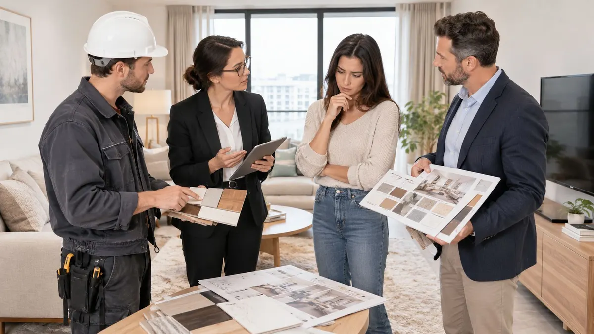 Professionisti della ristrutturazione consultano una coppia mostrando campioni di materiali e rendering di interni per casa