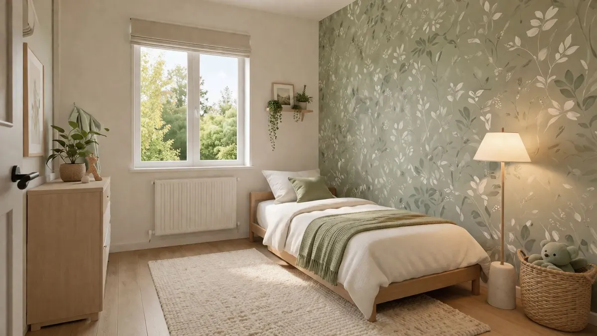 Accogliente cameretta per bambini di 9 metri quadrati con letto singolo, carta da parati verde floreale e luce calda.