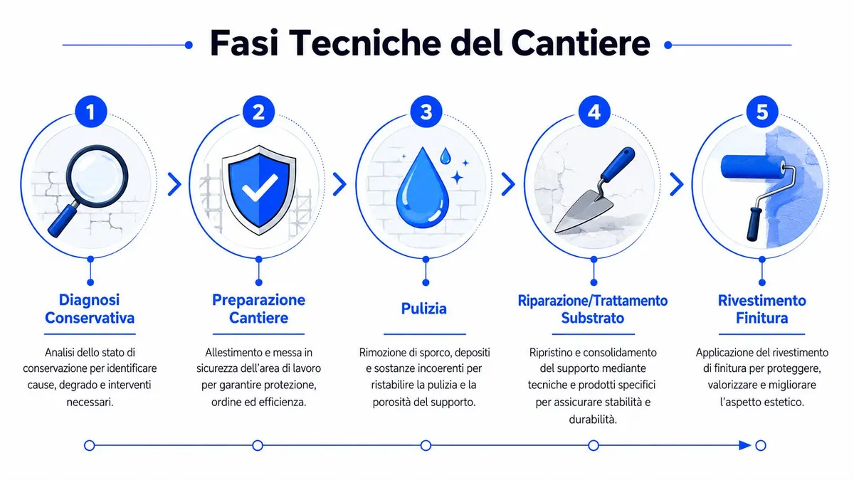 Diagramma con le cinque fasi tecniche per rinnovare una facciata di casa in modo professionale e strutturato.