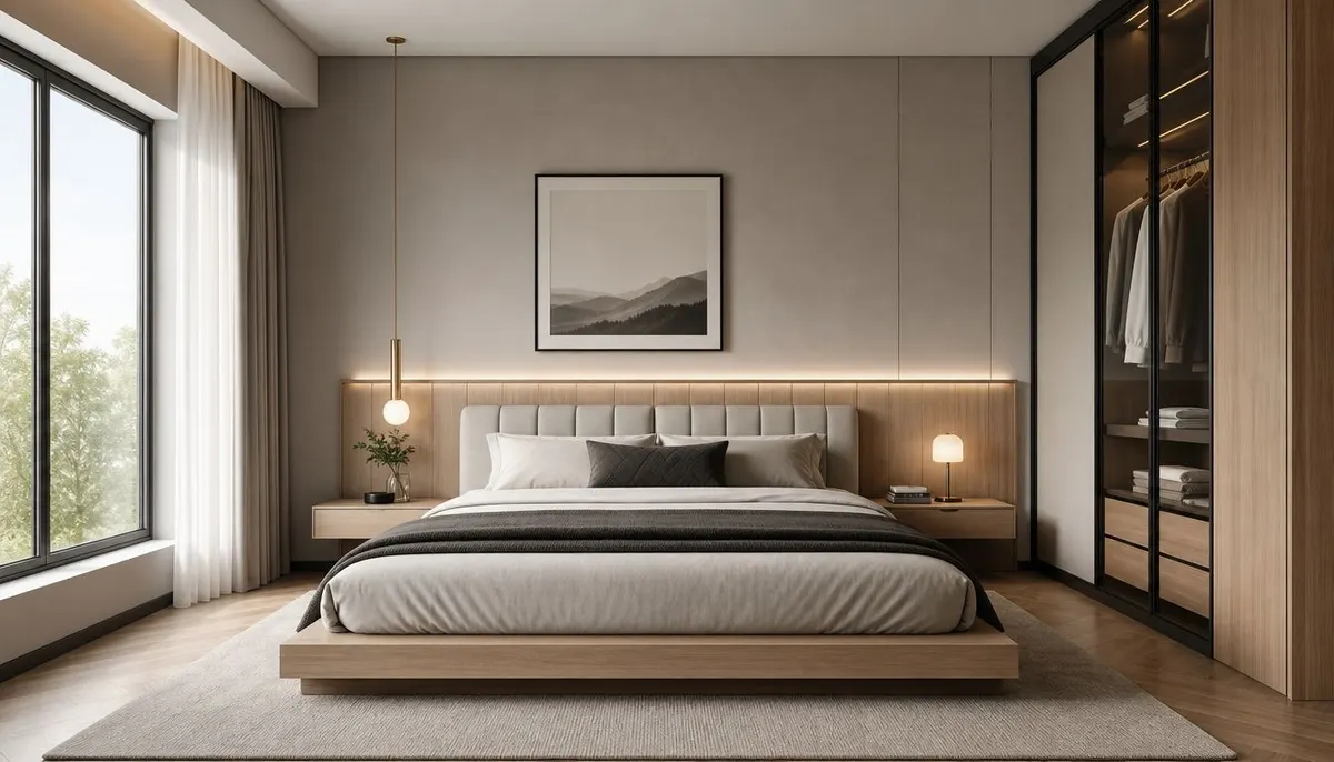 Una moderna camera da letto matrimoniale dal design minimalista con toni neutri, illuminazione soffusa e ampie finestre.