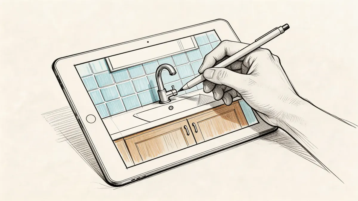 Una mano che utilizza una penna digitale per progettare graficamente un bagno moderno su un tablet.