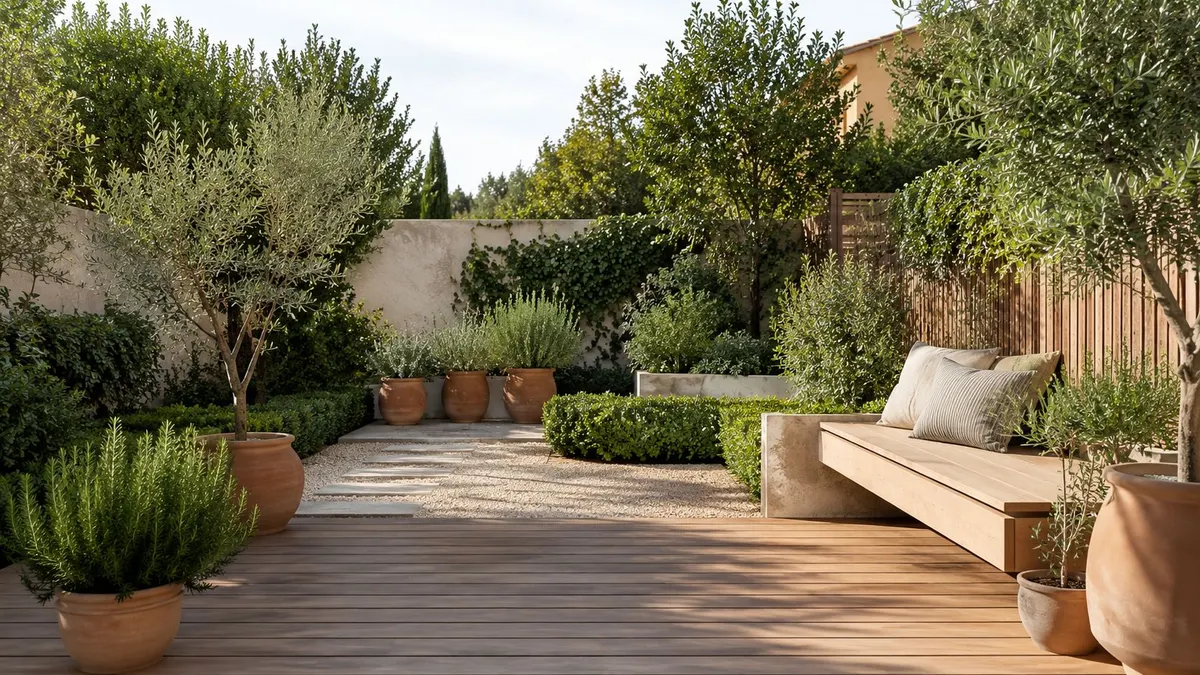 Un accogliente patio in legno con panca moderna, piante in vaso e un giardino curato in stile mediterraneo.