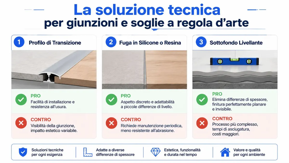 Tre diverse soluzioni tecniche per creare giunzioni perfette tra pavimenti in piastrelle e parquet in casa.