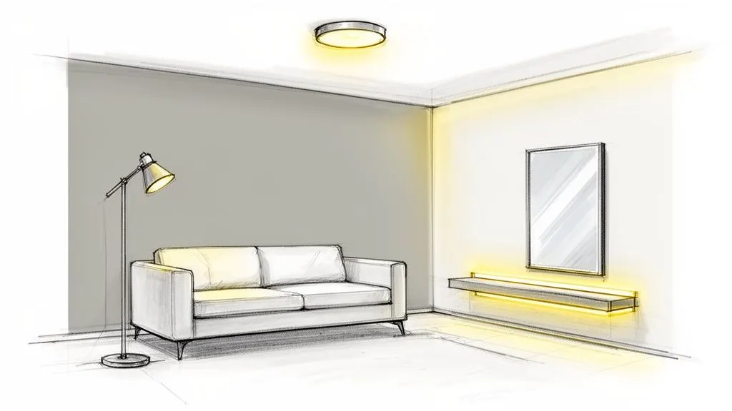 Disegno a schizzo di un salotto moderno con divano, lampada da terra, specchio e mensole luminose, illuminazione calda.