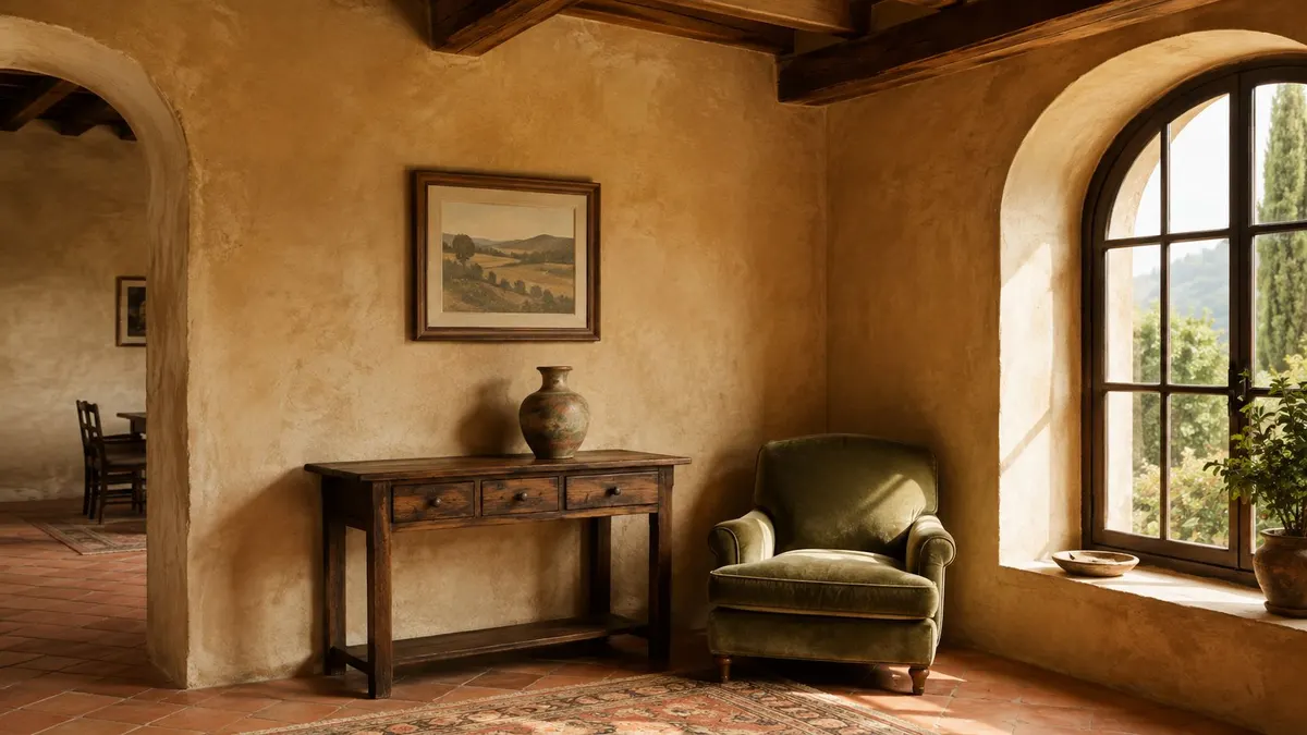 Interni di una stanza in stile rustico con pareti color ocra, poltrona in velluto e mobili antichi.