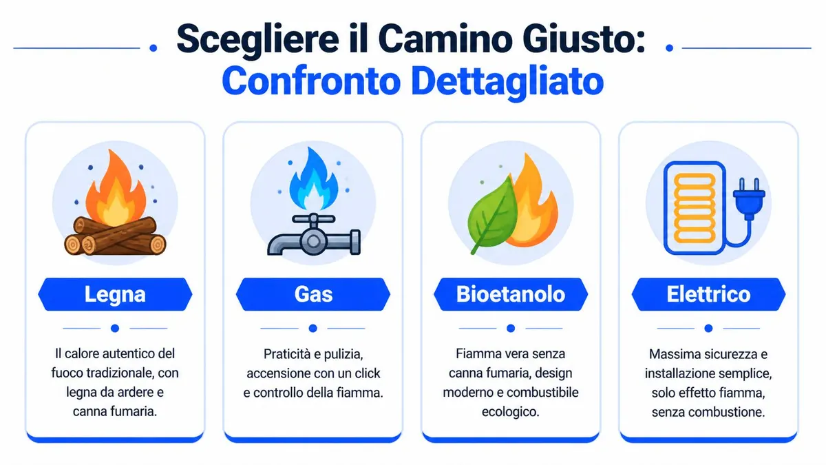 Infografica che confronta quattro tipologie di caminetti: a legna, a gas, a bioetanolo ed elettrico.