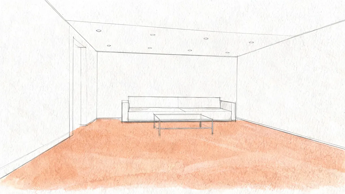 Disegno artistico di un soggiorno moderno con pavimento color cotto e un divano centrale elegante.