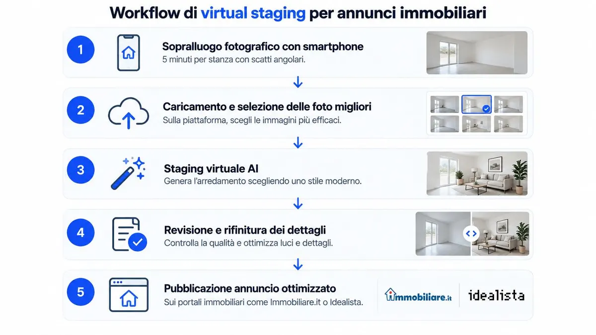 Un infografica che spiega il processo in cinque passaggi del servizio di virtual staging per annunci immobiliari.