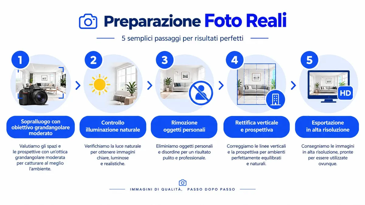Infografica sui cinque passaggi professionali per la preparazione di fotografie di alta qualità per immobili.
