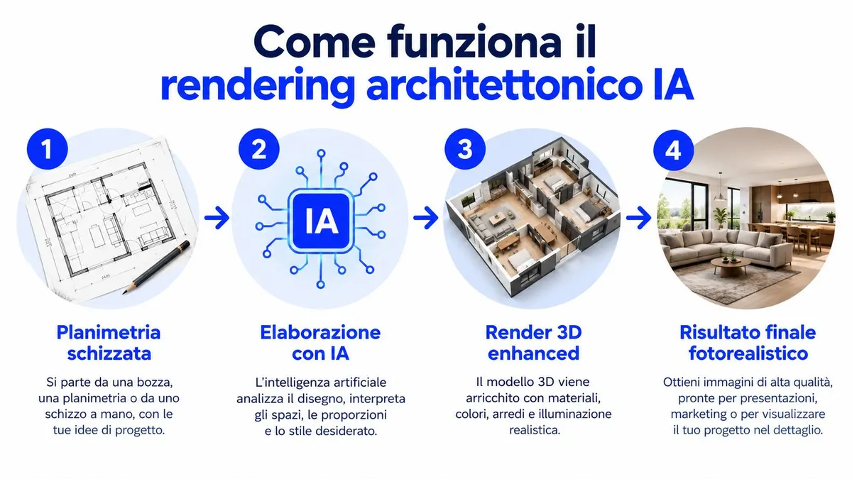 Schema in quattro fasi che illustra il processo di creazione di un rendering architettonico fotorealistico tramite intelligenza artificiale.