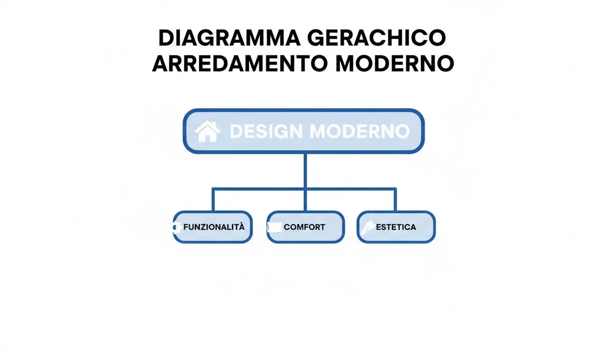 Diagramma gerarchico che illustra i principi chiave del design moderno: funzionalità, comfort ed estetica.