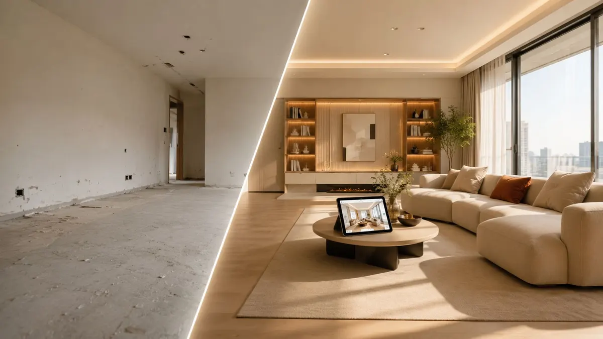 Confronto visivo tra un appartamento in fase di ristrutturazione e un moderno soggiorno arredato con design elegante.