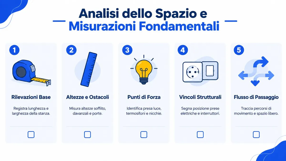 Infografica che illustra i cinque passaggi fondamentali per misurare e analizzare correttamente lo spazio di una stanza.