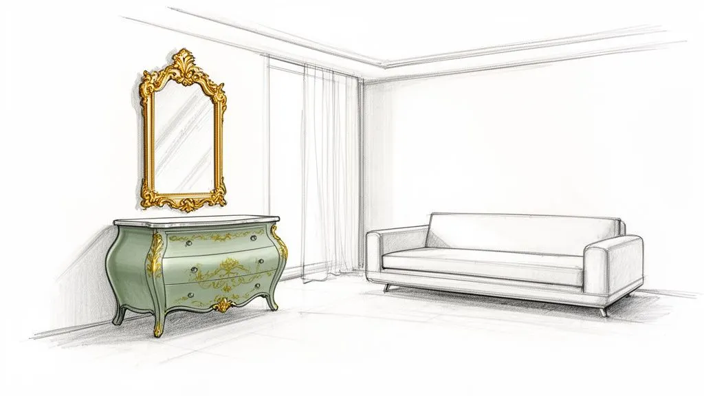 Disegno di interni con specchio barocco dorato sopra una cassettiera verde e un divano bianco moderno.