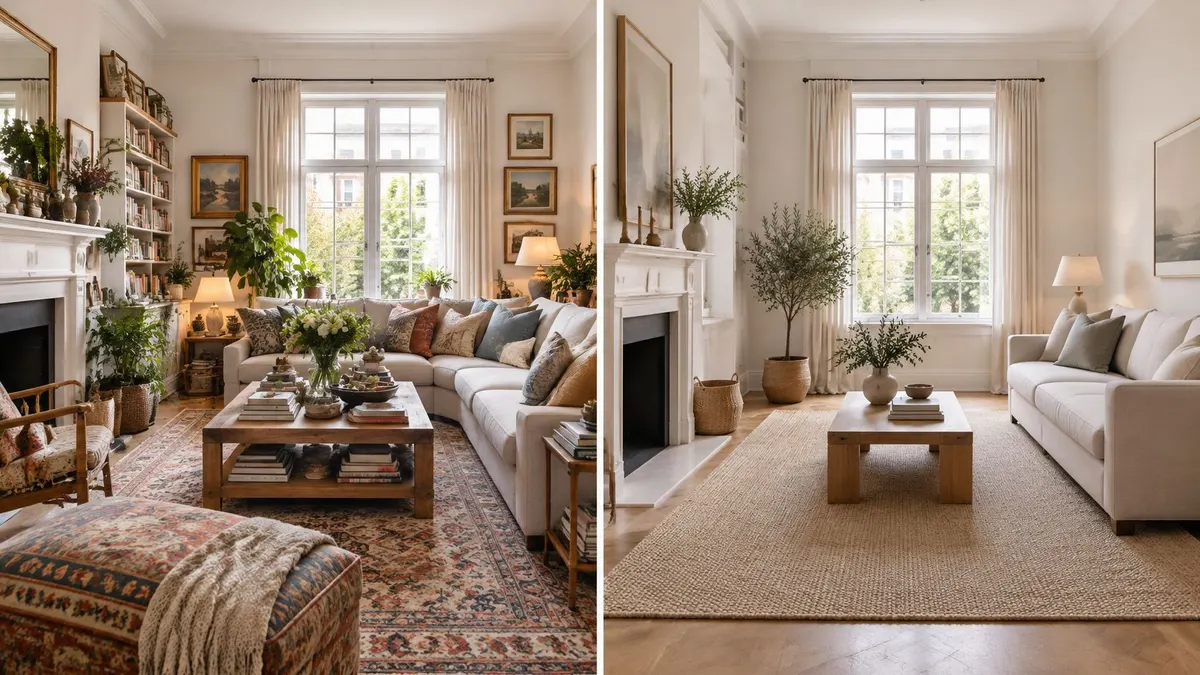 Confronto tra un soggiorno arredato in stile massimalista e uno minimalista con decorazioni naturali e luminose.