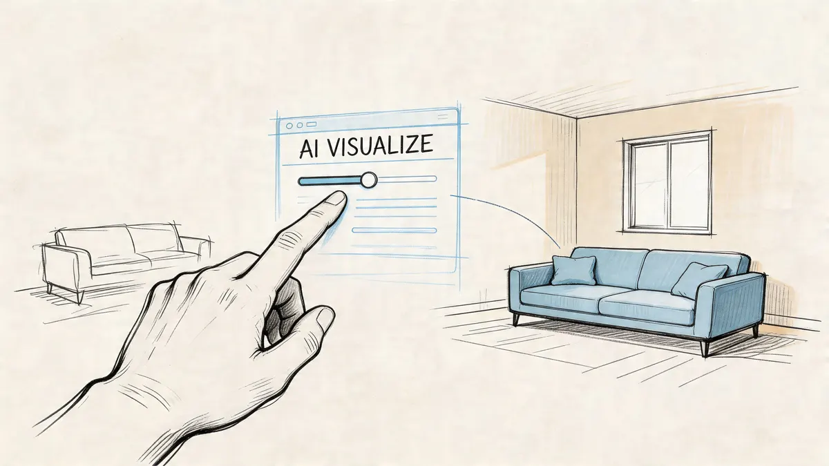 Una mano disegnata interagisce con un'interfaccia AI per visualizzare e personalizzare il design di divani moderni particolari.
