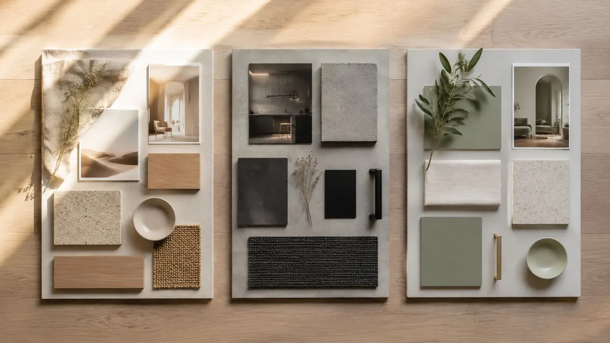 Tre pannelli di campioni di design d'interni con texture naturali, tonalità neutre, verde salvia e materiali moderni.