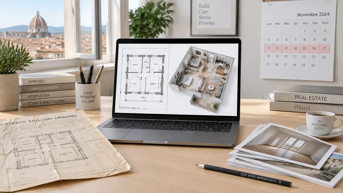 Scrivania da ufficio con computer portatile che mostra una planimetria 3d e progetti architettonici cartacei.