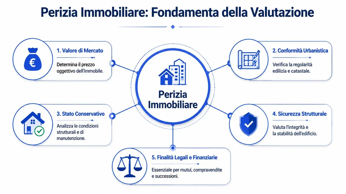 Infografica che spiega i cinque aspetti fondamentali di una perizia immobiliare professionale per la valutazione di edifici.
