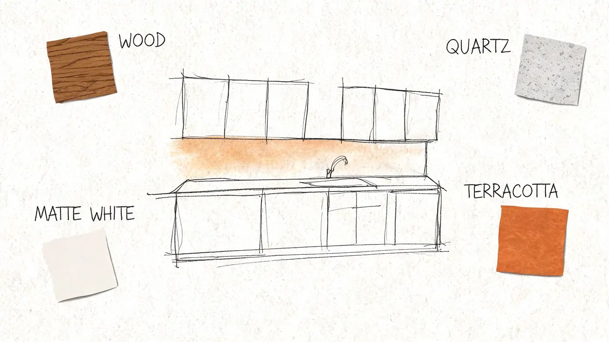 Uno schizzo progettuale di una cucina moderna con campioni di materiali: legno, quarzo, bianco opaco e terracotta.